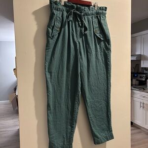 LOFT Size Large Green 100% Cotton Paperbag Waist Pants Casual Lightweight